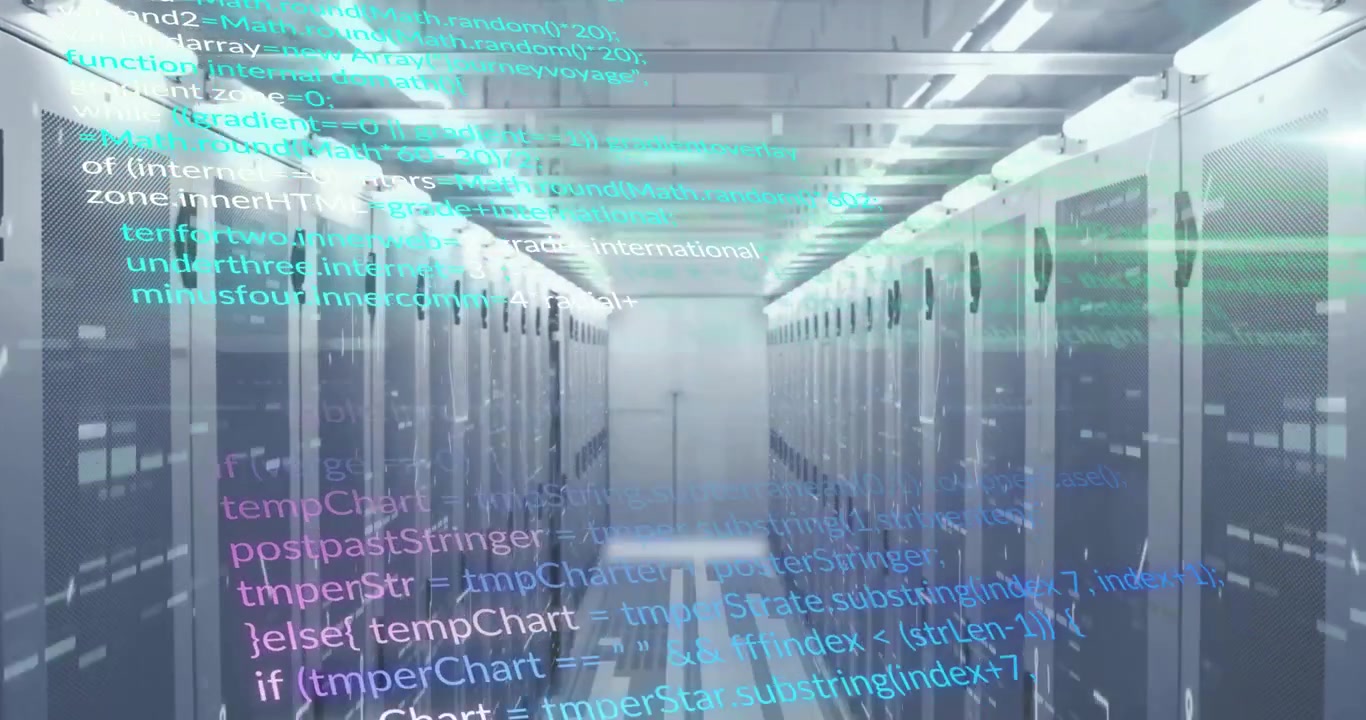 Server aisle view initiating data flow with holographic code scrolling across server racks