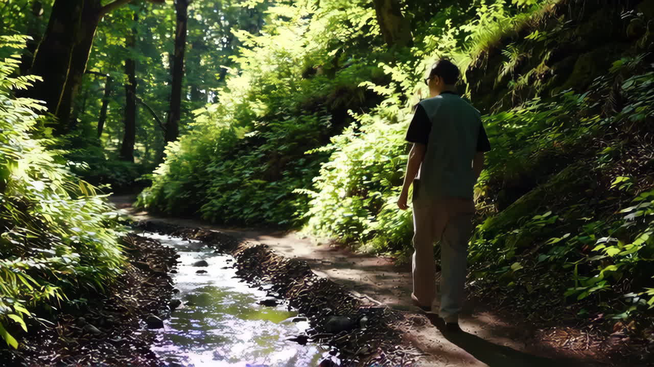 울창 한 숲 의 길 을 고 있는 사람