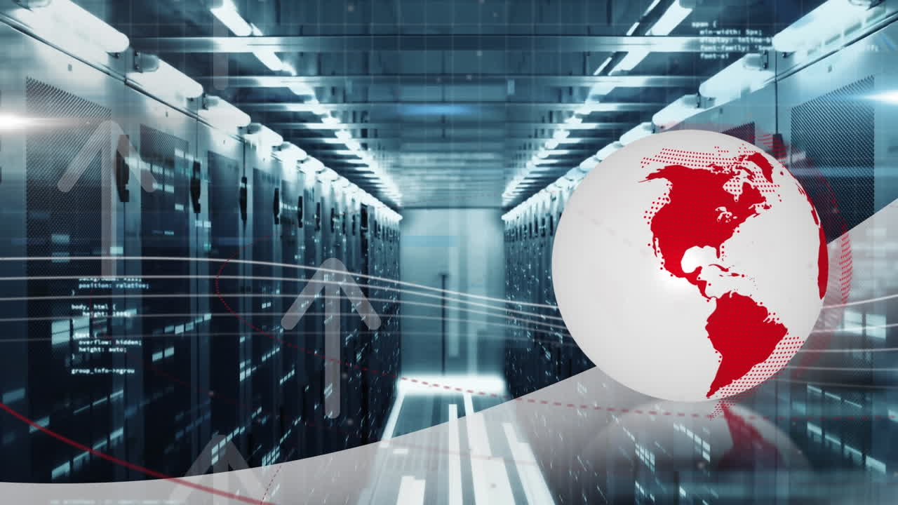 Animation of spinning globe, data processing and mosaic squares against computer server room