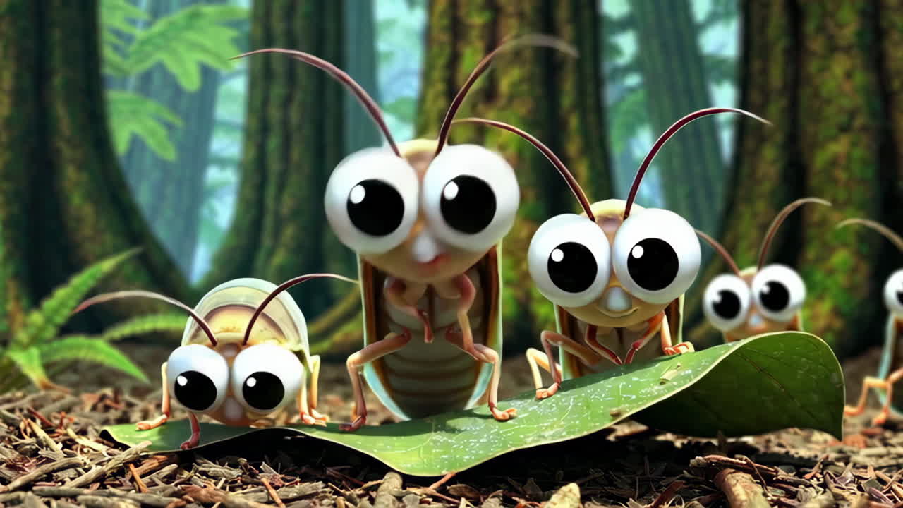 Cute Cartoon Insects on a Leaf in a Forest