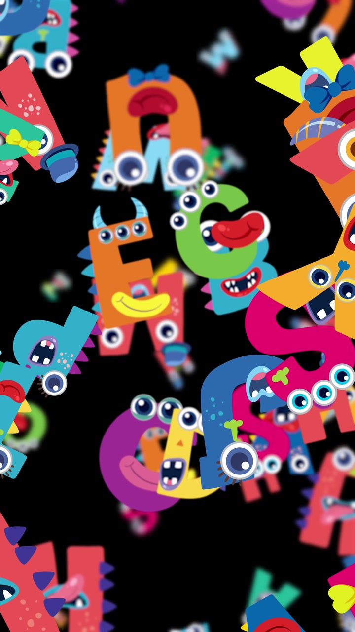 Vibrant letters with cartoon faces tumble against a black background, creating a lively and whimsical animation