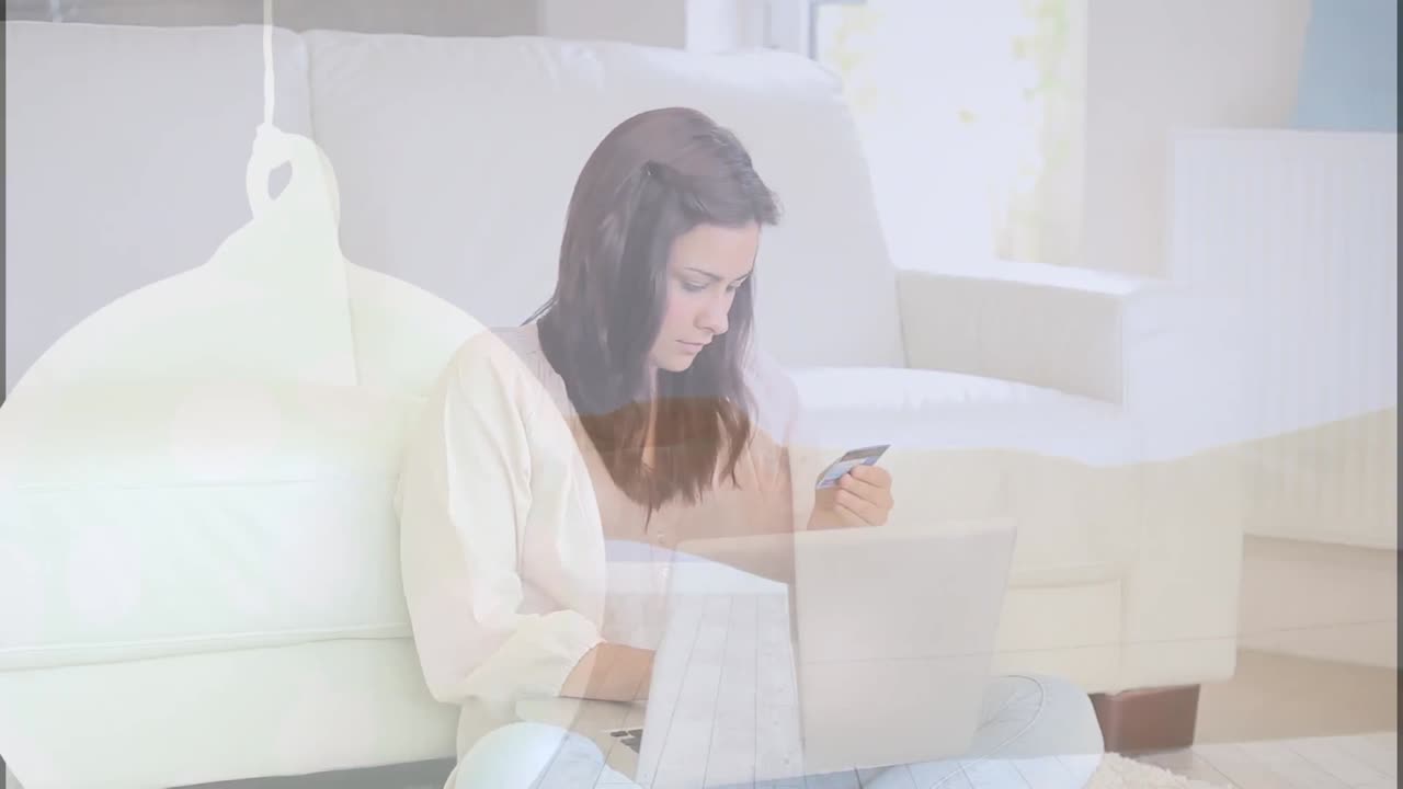 노트북을 사용하는 백인 여성 위의 모양의 애니메이션