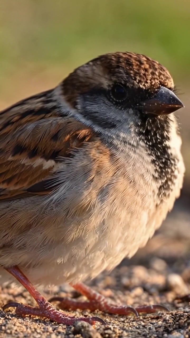 Un Affascinante Passero Posato a Terra, che Mostra i Suoi Distintivi Motivi di Piume e Occhi Luminosi in un Ambiente Naturale all'Aperto