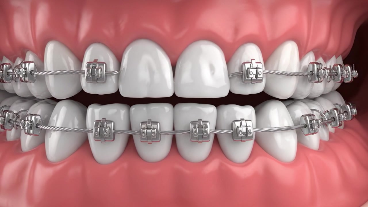 Detailed Close-up Visualization of a Dental Braces Treatment Process, Showcasing the Transformation of Teeth Alignment Over Time