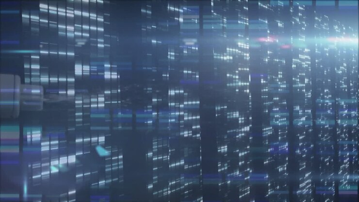 Futuristic cityscape forming with glowing lights and digital data streams animation