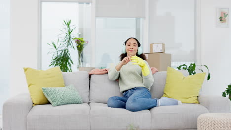 Cleaning,-gloves-and-woman-with-music-headphones