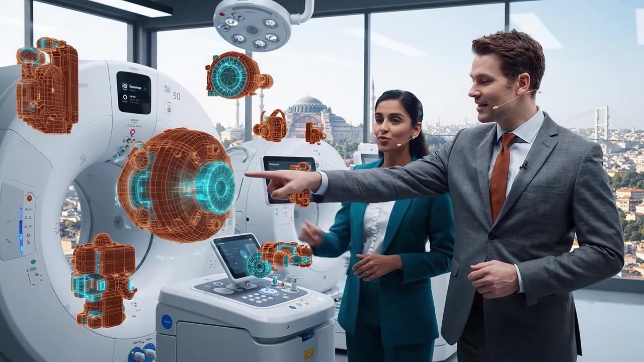 Relatori aziendali che spiegano la tecnologia medica con un display olografico