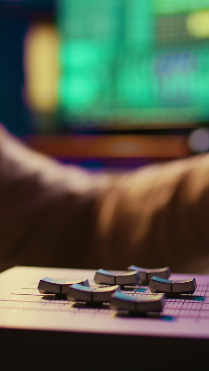 Fader automatizzati che si muovono su un mixer audio in uno studio di registrazione