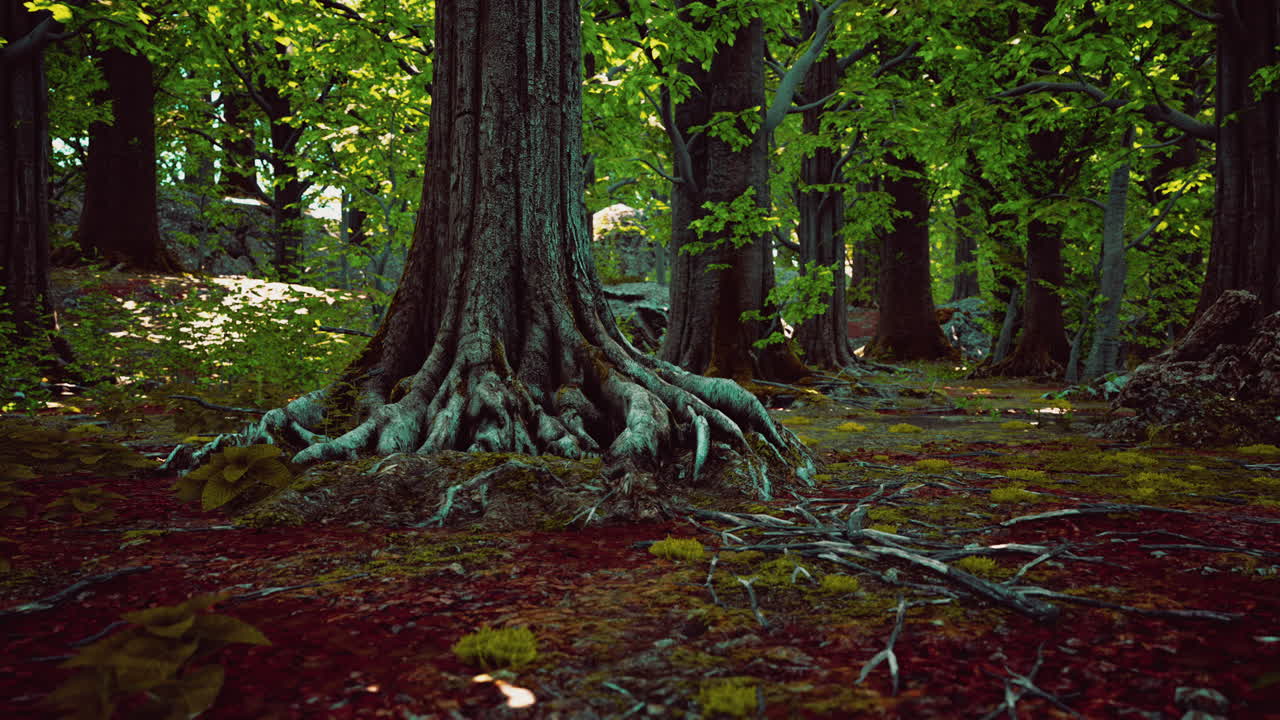 root covered with moss in a dark forest