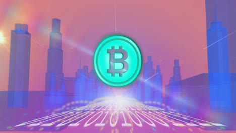 Bitcoin-symbol-over-binary-coding-data-processing-against-cityscape-in-background