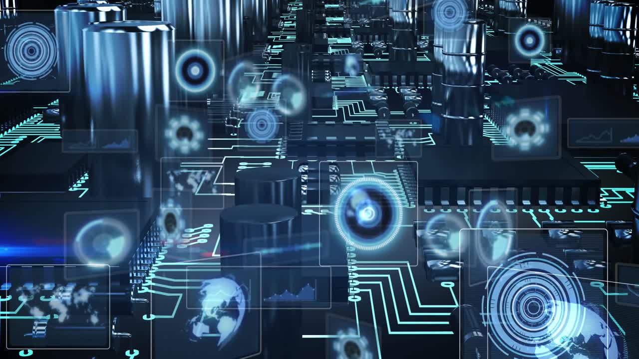 Animation of data processing with scope scanning over computer circuit board on black background