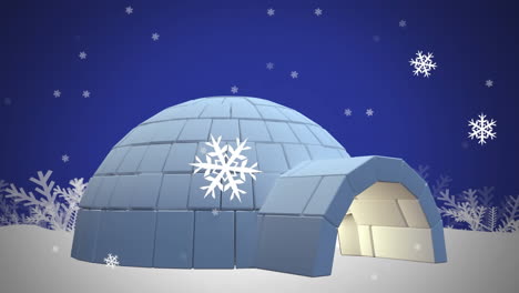 animation of snow falling over igloo on blue background