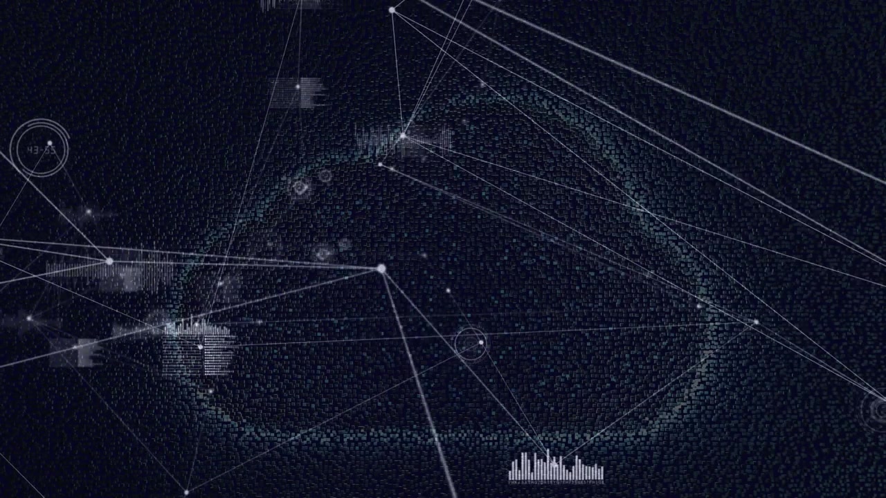 Animation of connected dots, graph icons, loading bars over cloud against black background