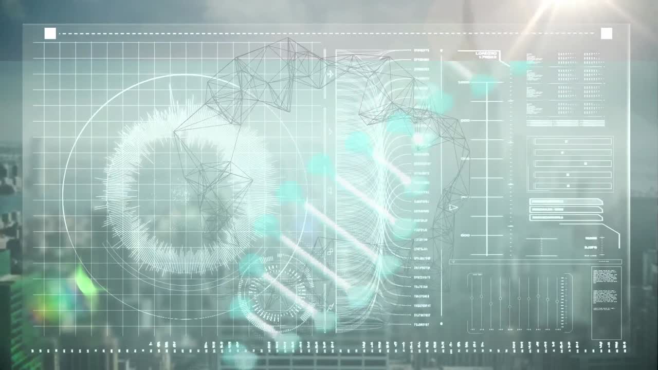 스크린 상의 도시 풍경 위에서 데이터 처리와 함께 dna 가닥이 회전하는 애니메이션