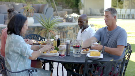 diverse senior friends enjoying in garden lunch, raising glasses in cheerful toast at garden table