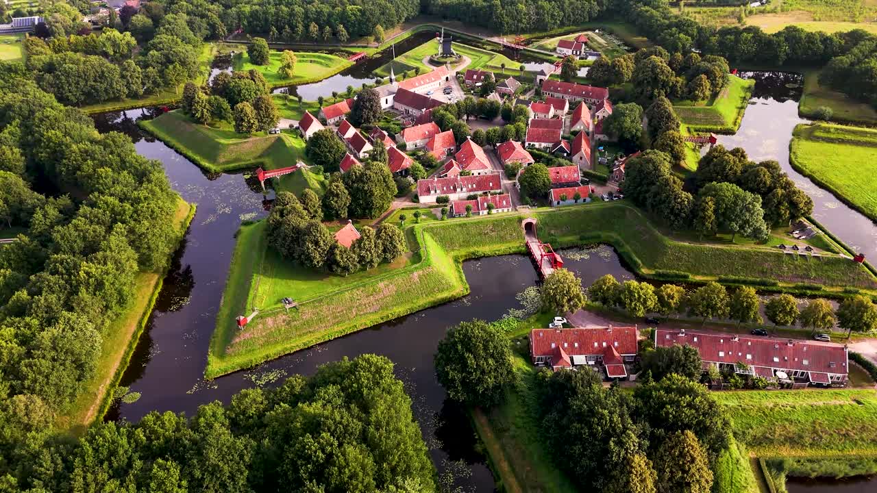 Aerial view of the historic star-shaped fortified village of Bourtange, Netherlands