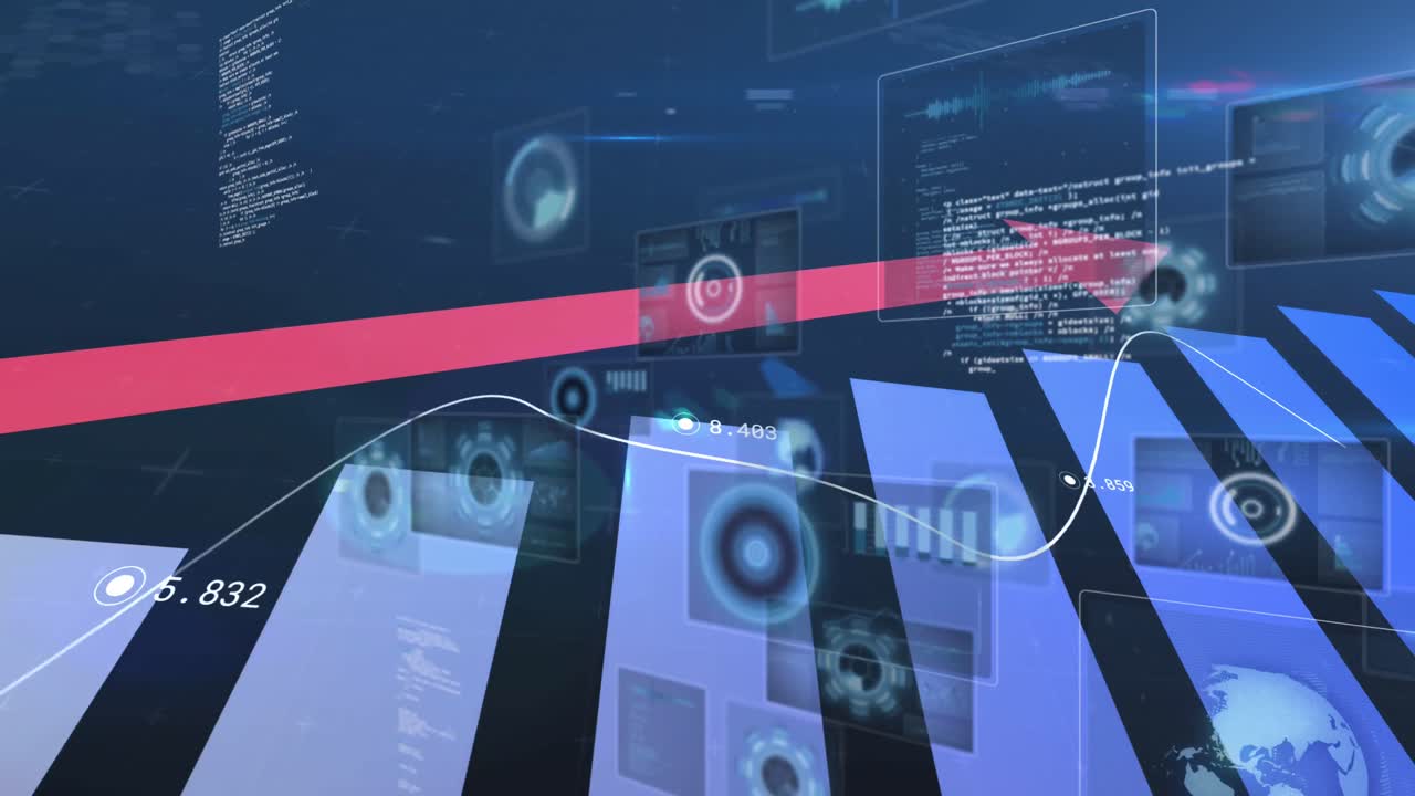 Animation of pink arrow pointing up, scopes scanning and data processing on screens