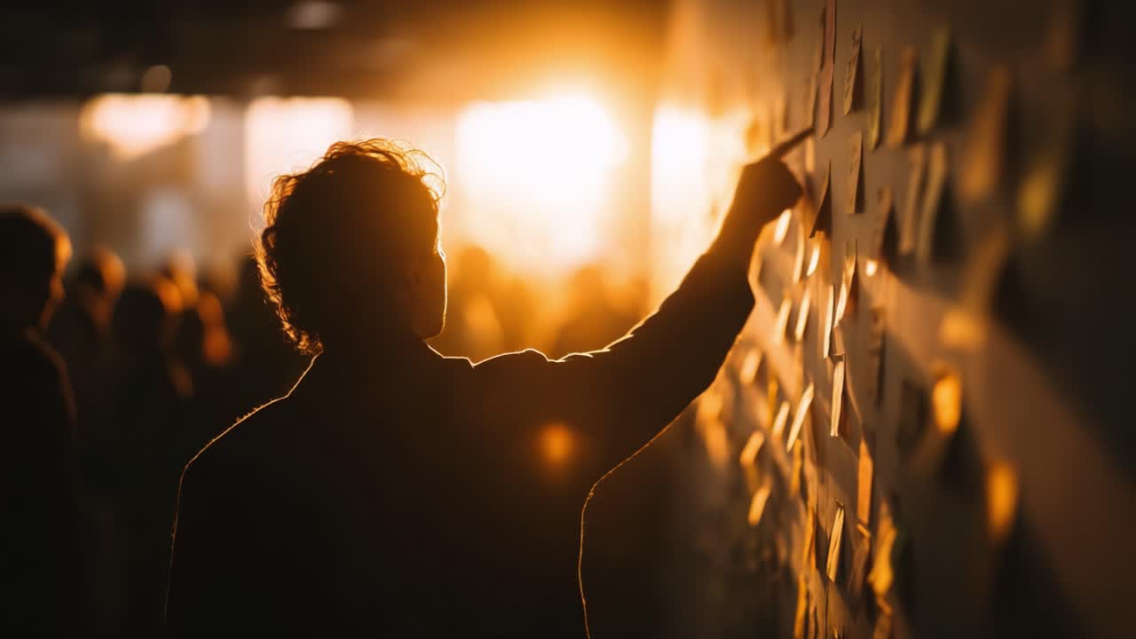 Een silhouet van iemand die verdiept in gedachten schrijft op een muur vol notities, waarmee de essentie van creativiteit en samenwerking tijdens een zonsondergang wordt vastgelegd