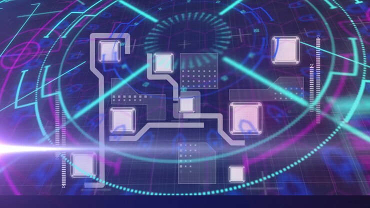 Animation of scopes scanning and data processing with network of connections on digital screen