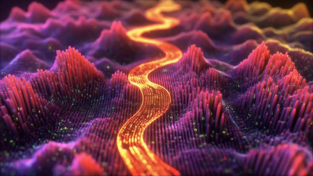 Abstract Digital Landscape with Glowing Data Stream