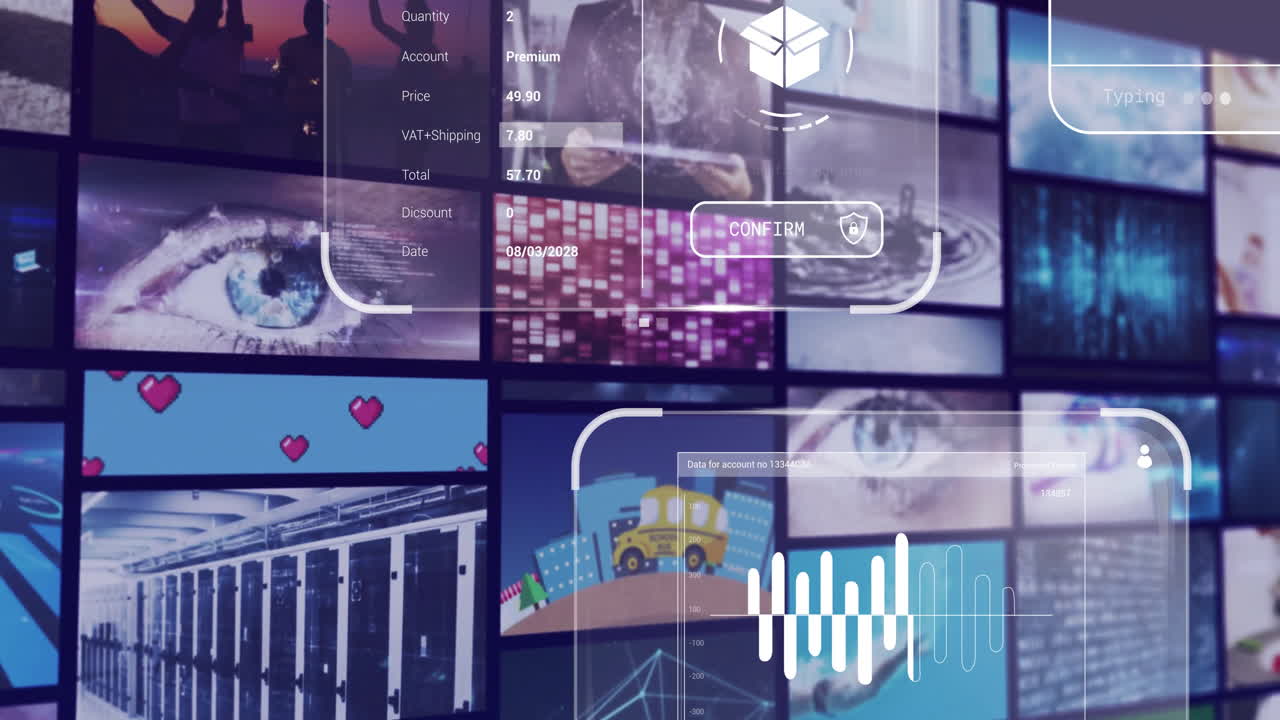 Data processing animation over digital interface with technology and eye visuals