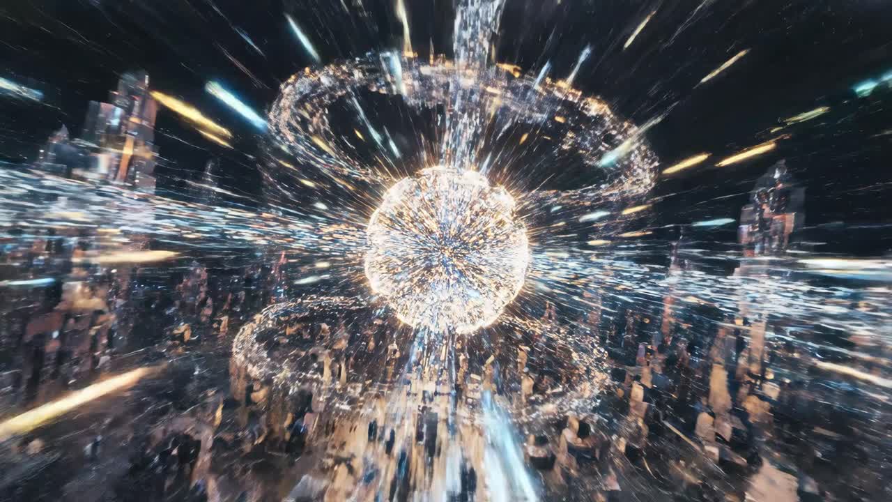 Futuristic Digital Cityscape with Energy Sphere