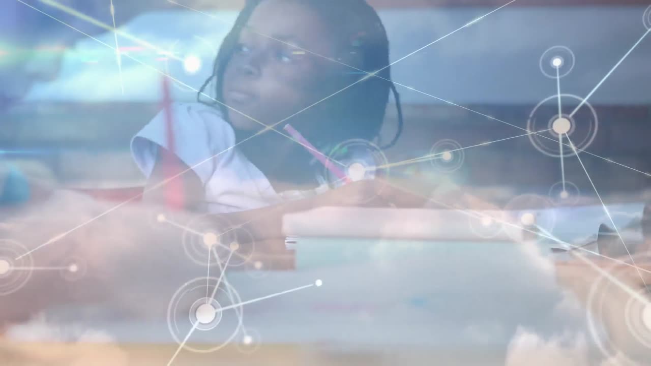 animación de niños en nubes flotando sobre una red de puntos conectados en el fondo