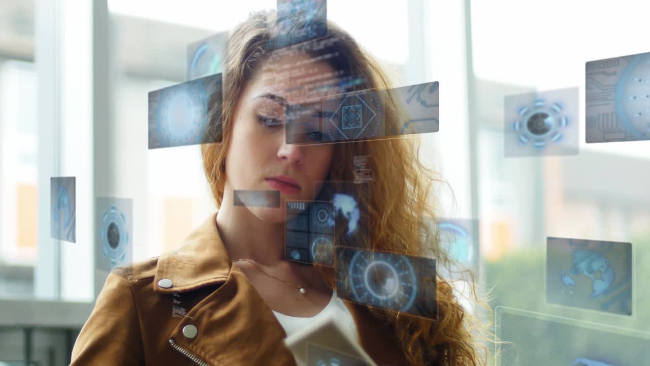 Woman holding tablet and phone tapping phone making tech panels forming and drifting for review