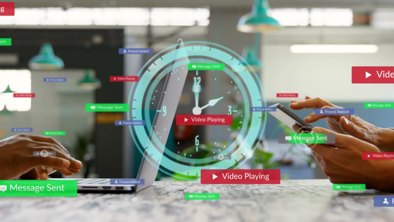 Cursor hovering and thumb tapping starting rotating clock with cascading message notifications