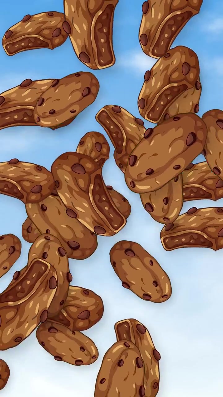 Cartoon chocolate chip cookies fall and tumble against a bright blue sky with soft clouds.