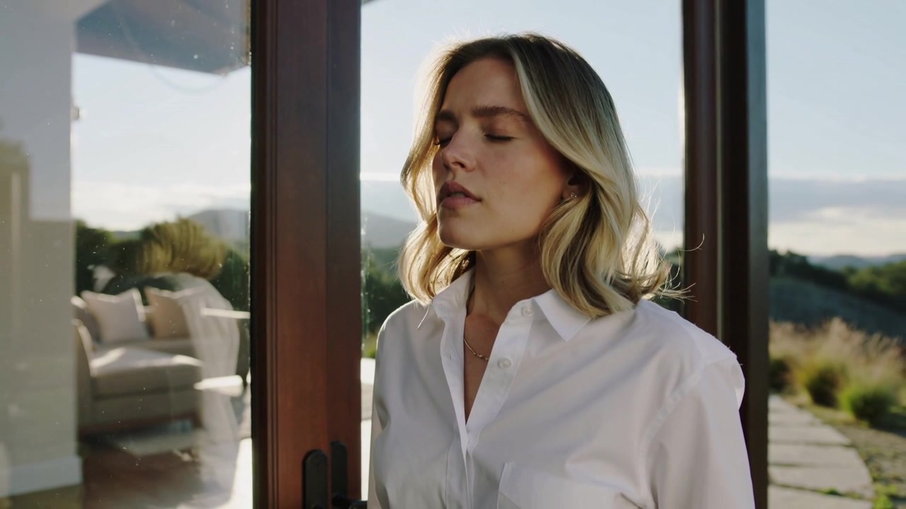 Donna che percepisce la luce del sole, respira e inclina la testa, raggiungendo la maniglia di una porta a vetri nel patio, con una camicia bianca.