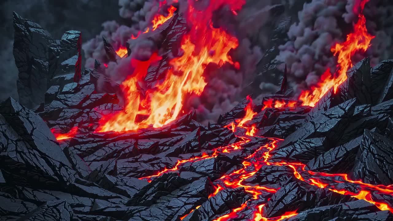 Dynamic video scene of lava flow with fiery cracks and smoke. Captured from a low angle