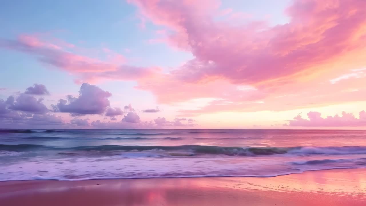 A serene video captures a pastel sunset over a calm ocean, viewed from a low angle