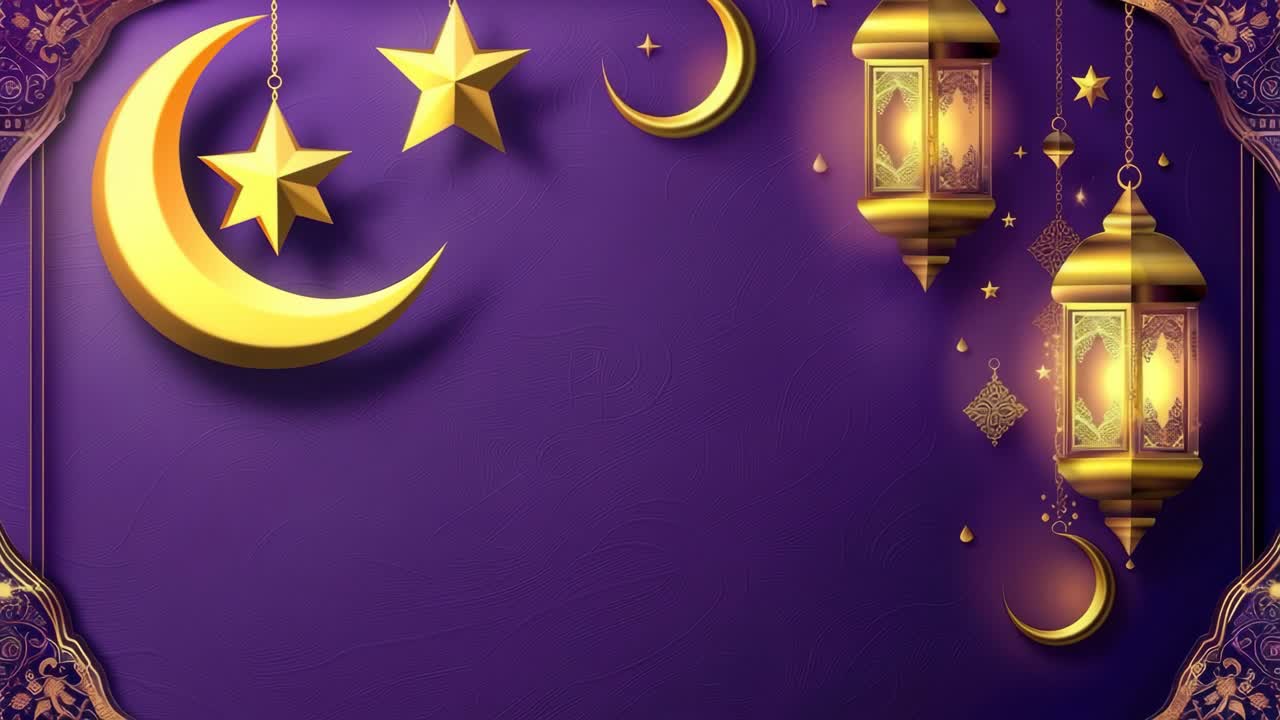Elegant Islamic-themed video background with golden lanterns, stars, and crescent moons on a rich