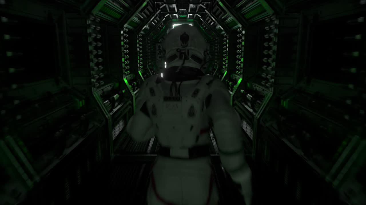Astronaut runs through a tunnel to another compartment of the space gate. Spaceship and technology concept. 4k animation of seamless loop