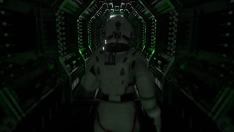 astronaut runs through a tunnel to another compartment of the space gate. spaceship and technology concept. 4k animation of seamless loop