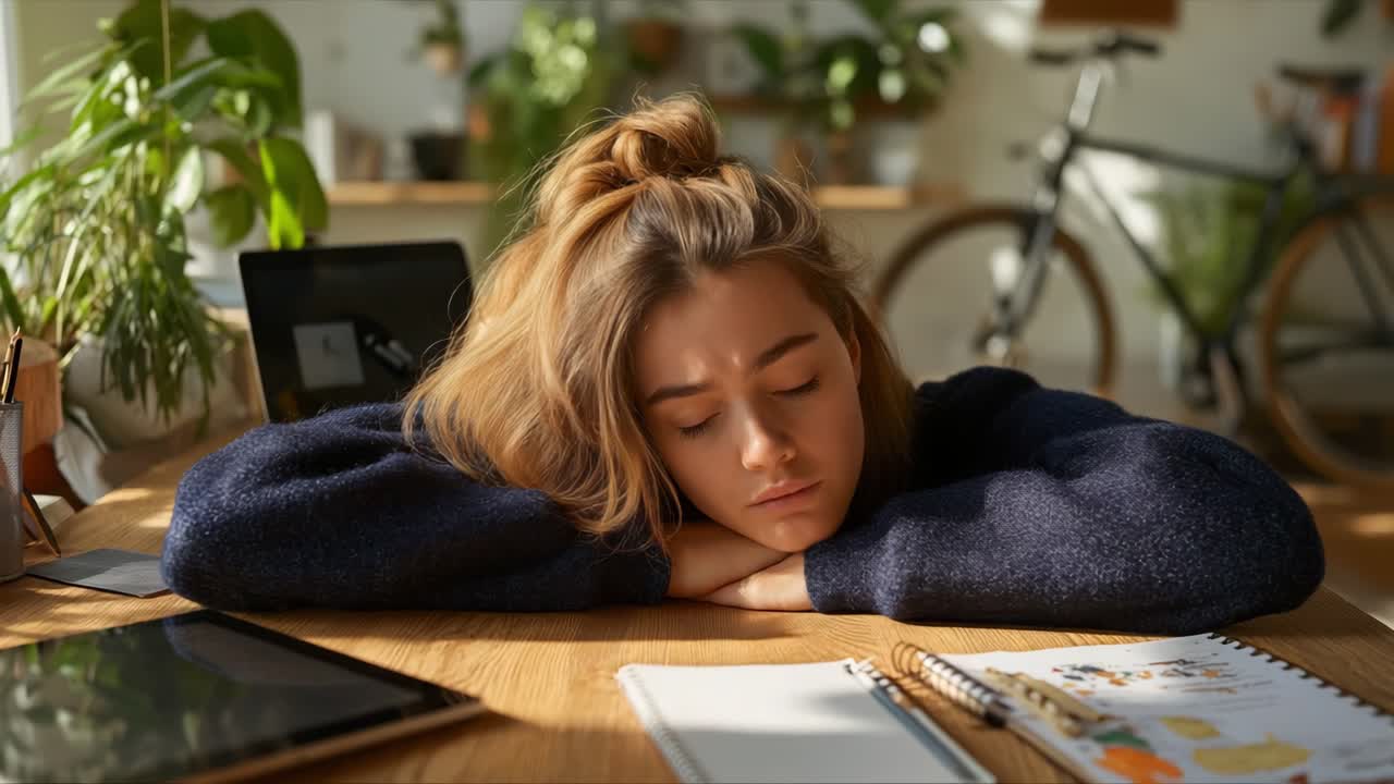 Young woman napping on wooden desk
