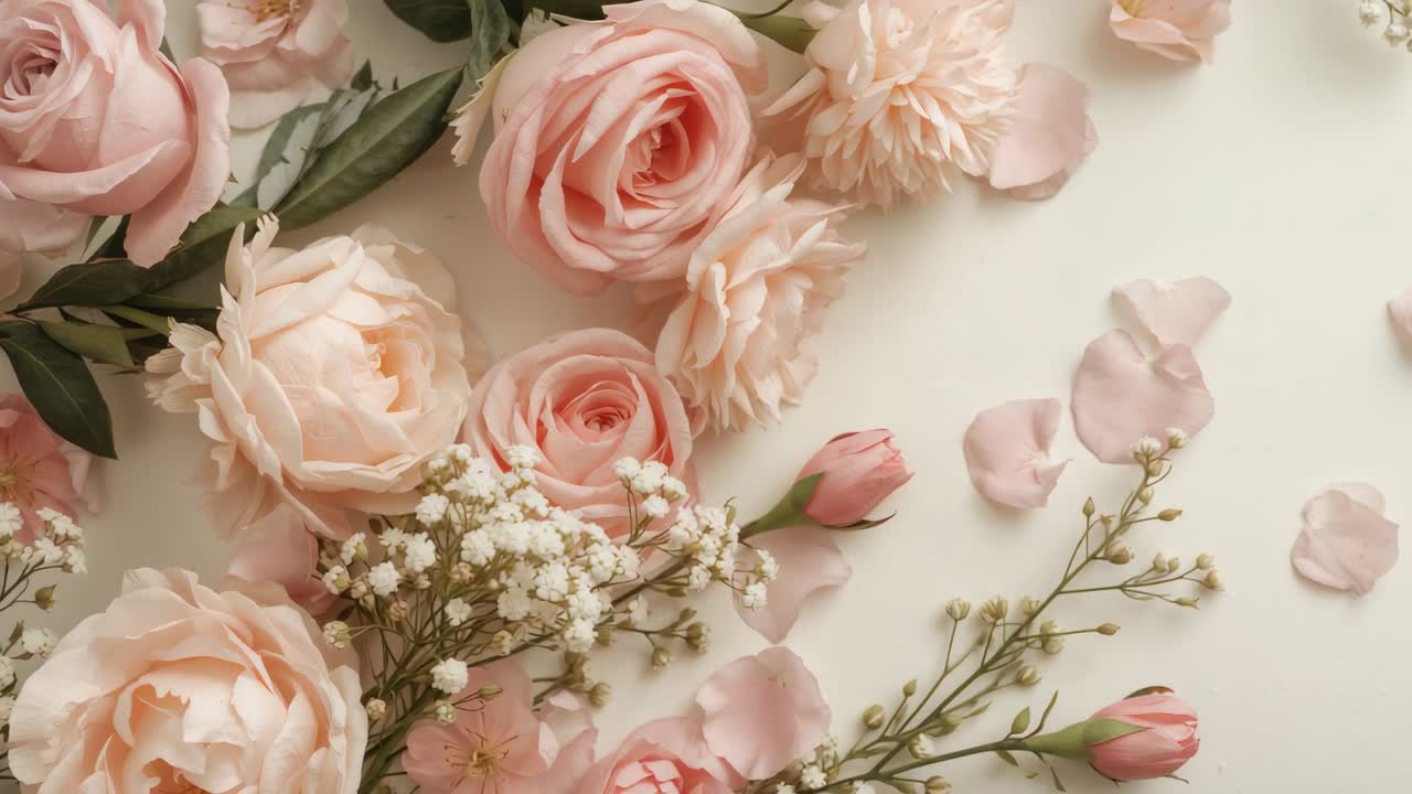 Zoom della fotocamera verso un gruppo di rose rosa pallido su un tavolo color crema, con boccioli di rosa che mostrano la fioritura centrale