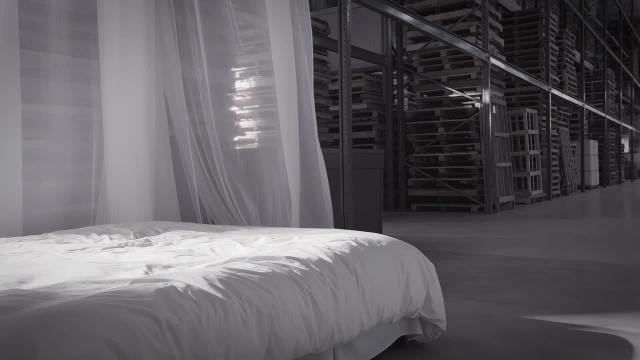 Surreal Bed in an Industrial Warehouse