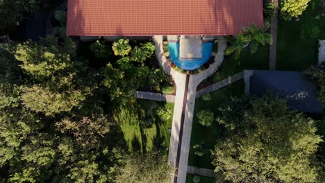 aerial view of a lush garden with a central fountain surrounded by greenery