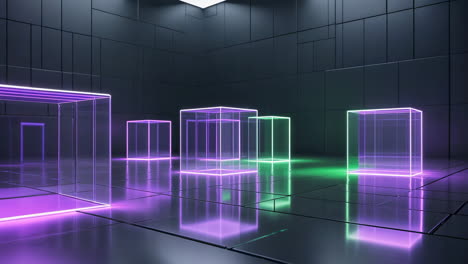 futuristic room with glowing neon cubes