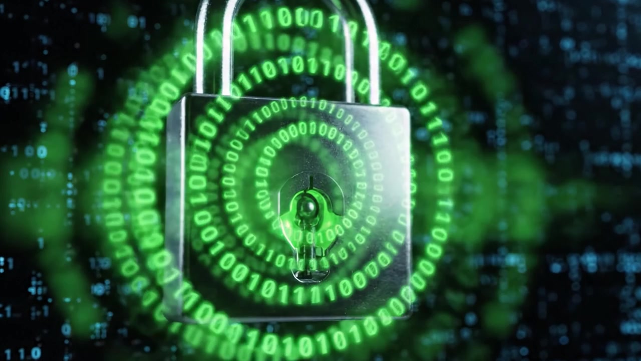 A Futuristic Digital Lock Surrounded by Spiraling Green Binary Code, Symbolizing Cybersecurity and Data Protection in a High-Tech Environment
