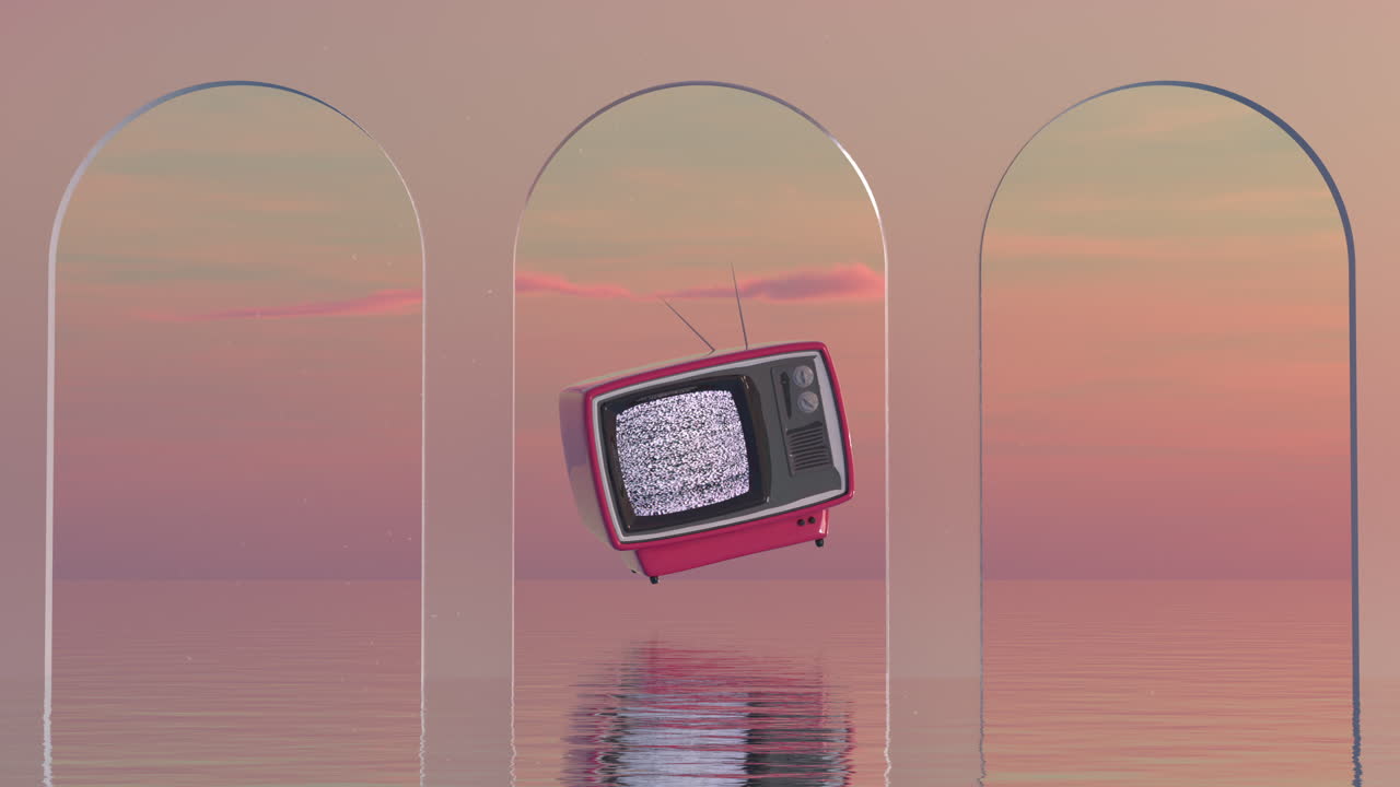 TV Retrô com Estática Flutuando em uma Paisagem Surreal de Pôr do Sol com Arcos