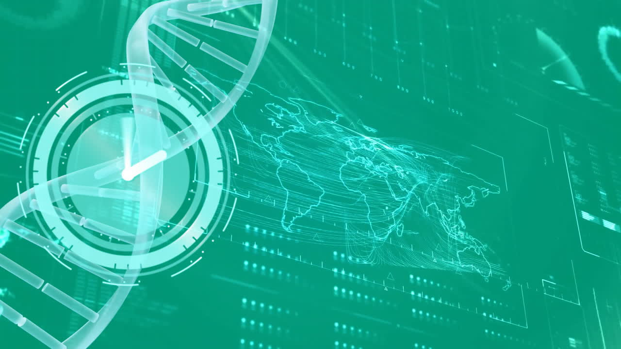 dna 스트랜드와 세계 지도, 과학 데이터 처리 애니메이션