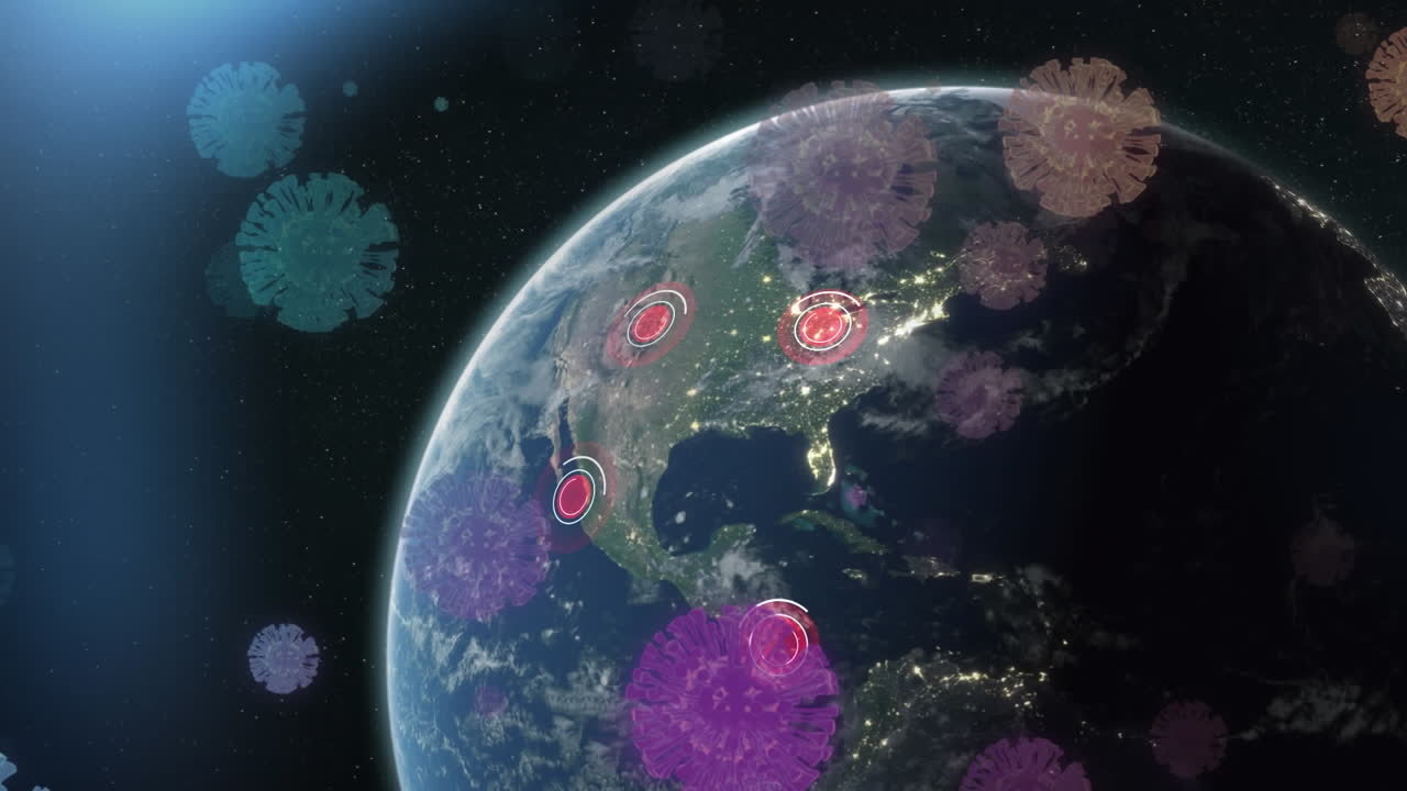 múltiples células de covid-19 flotando y un punto de luz sobre un globo giratorio contra un fondo azul
