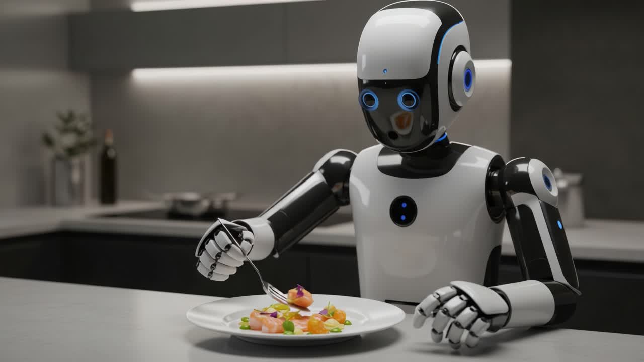 A Futuristic Robot Enjoys a Gourmet Meal in a Modern Kitchen, Showcasing the Intersection of Technology and Culinary Delights