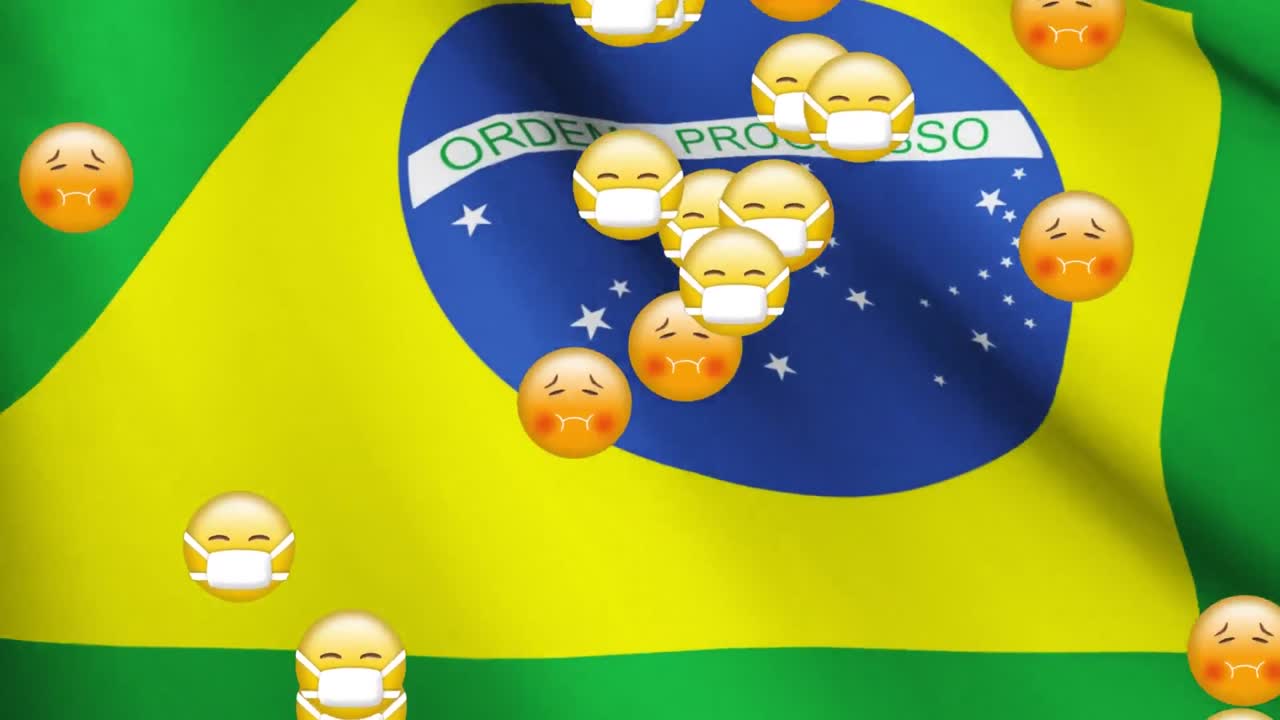 animación de la bandera de brasil sobre varios iconos que caen