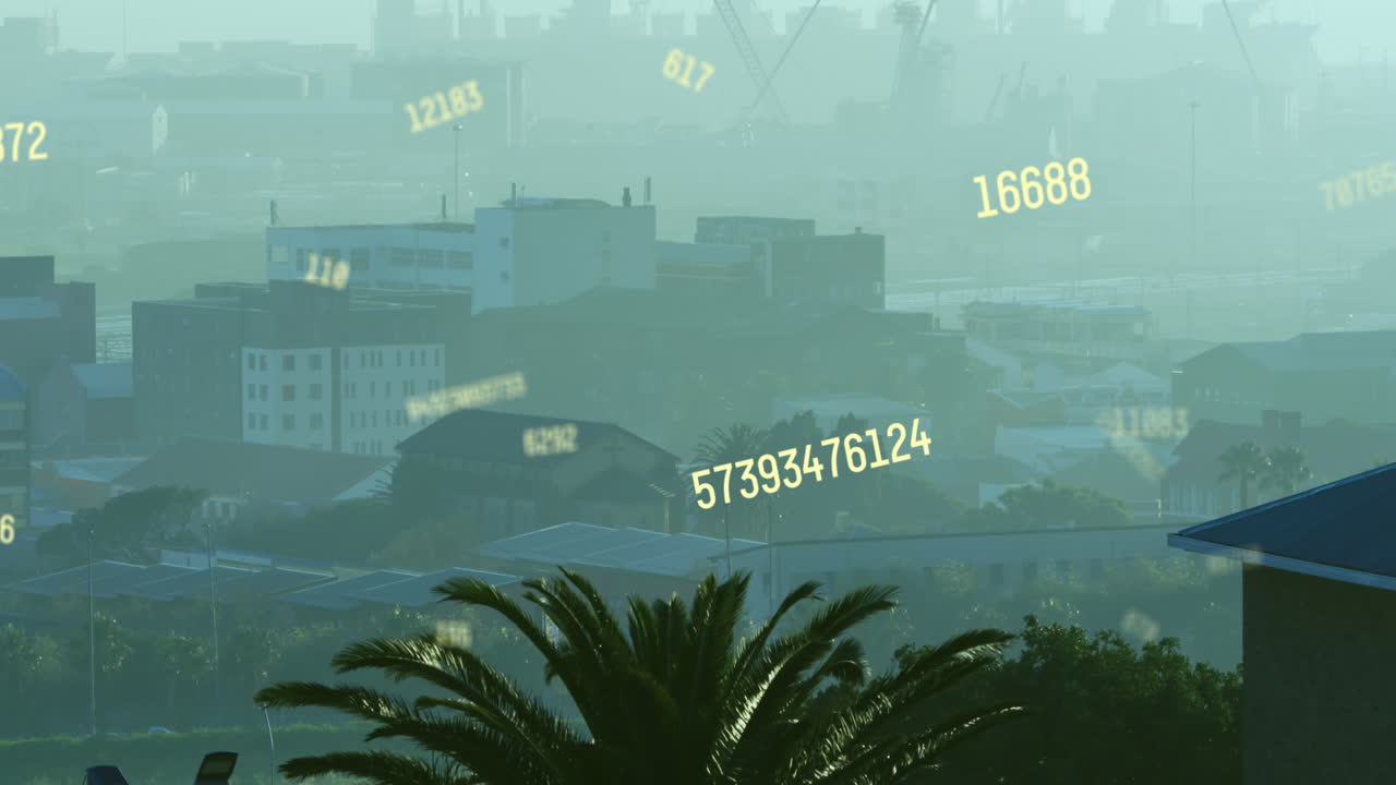 animación de múltiples números cambiantes contra una vista aérea del paisaje urbano