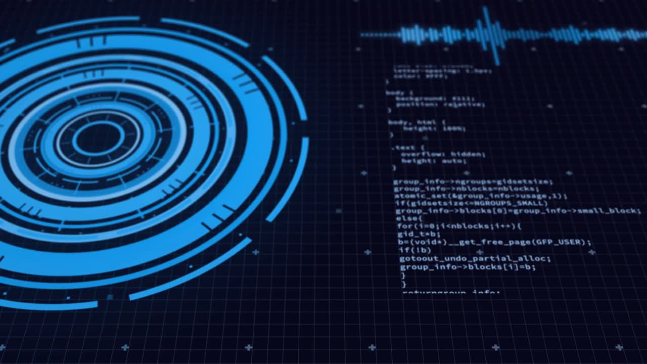 animación del procesamiento de datos en pantallas y escaneo de alcance sobre fondo negro