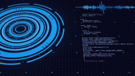 animación del procesamiento de datos en pantallas y escaneo de alcance sobre fondo negro